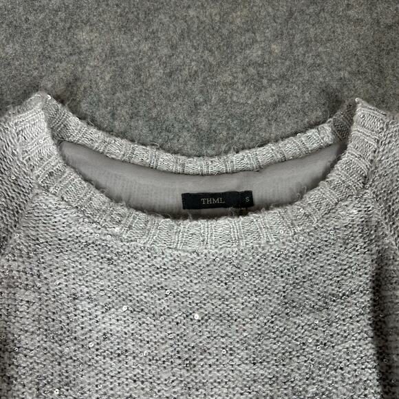 THML Sweater Womens Small Gray Knit Sequin Pullover Chiffon Underlay Buttons - Picture 5 of 8